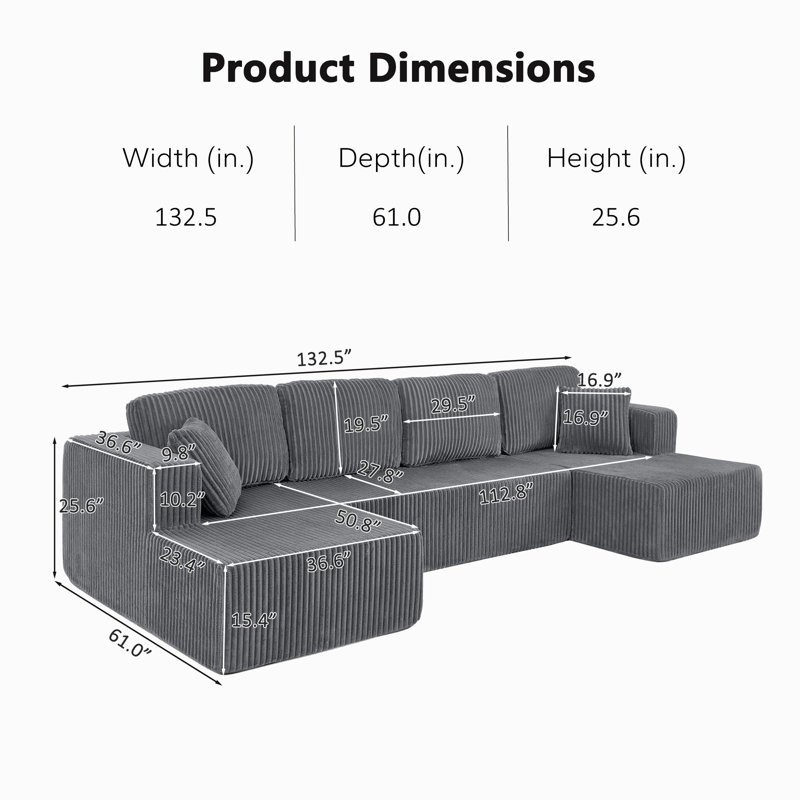 Boneless Oversized Modular Sectional Sofa, 3-piece Foam Couch With Flexible Layout, No Assembly Required, Gray Corduroy