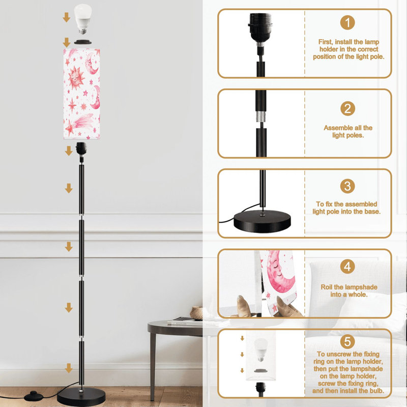 Lampe sur pied avec étoiles lunaires lunatiques fantaisistes, visages célestes et illustrations, lampe sur pied à intensité variable avec télécommande, pédale, abat-jour, abat-jour, lampe de coin pour salon, chambre à coucher, bureau