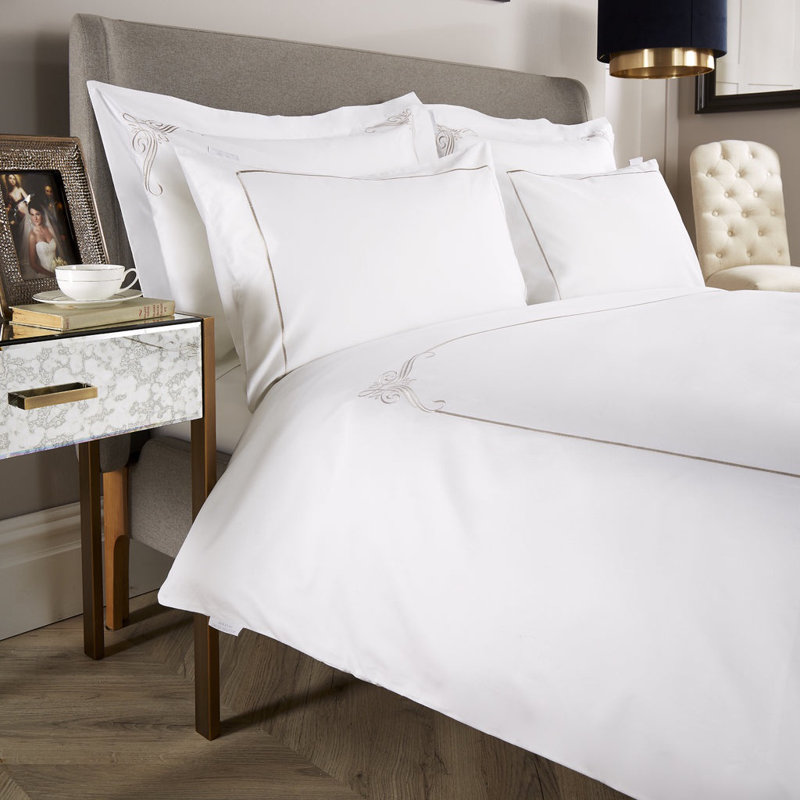 600 Thread Count Embroidered Motif Corner Duvet Cover , Grey, Super King Duvet Cover