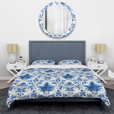 Ensemble de housse de couette transitionnel bleu et blanc intemporel Damask Art III