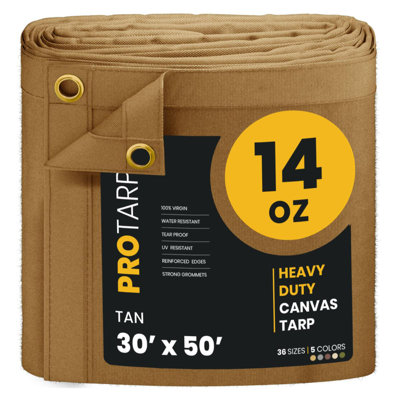 PROTARP Heavy Duty 14 OZ Water Resistant Canvas Tarp, UV Resistant Tarpaulin Cover with Rustproof Brass Grommets, Multipurpose for Canopy, Roof, Camping, Woodpile . (Tan)