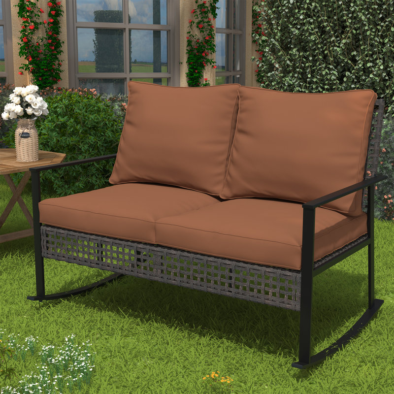 Fauteuil berçant deux places en osier d'extérieur, chaise berçante de patio en rotin avec coussins, Brun