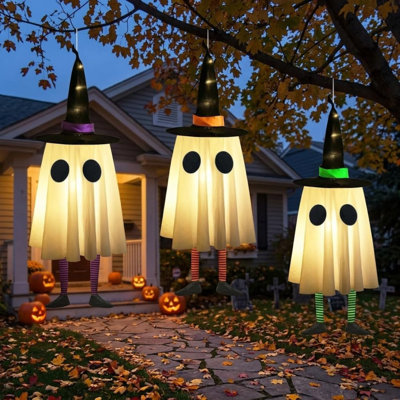 Décoration d'Halloween pour l'extérieur, fantôme effrayant d'Halloween avec chapeau de sorcière | Ensemble de 3, conception unique de fantôme et de sorcière fusion, design mignon et effrayant, tissu doux et léger