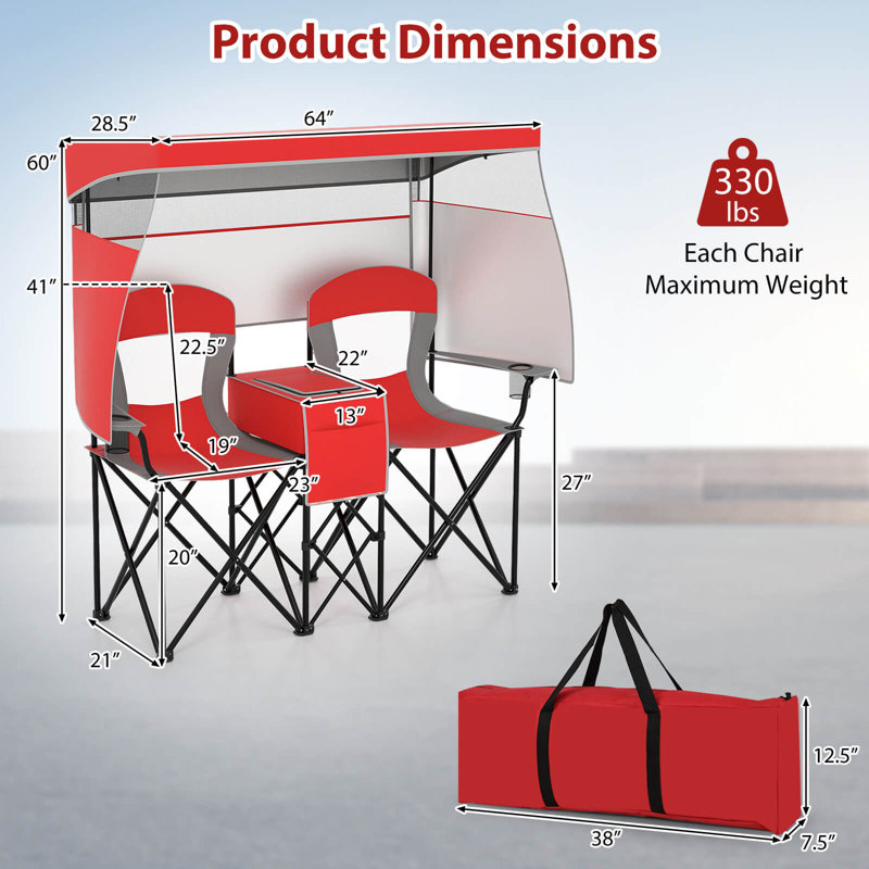 Double Beach Chair with Adjustable Canopy Oversized Folding Camping Chair Red, Red