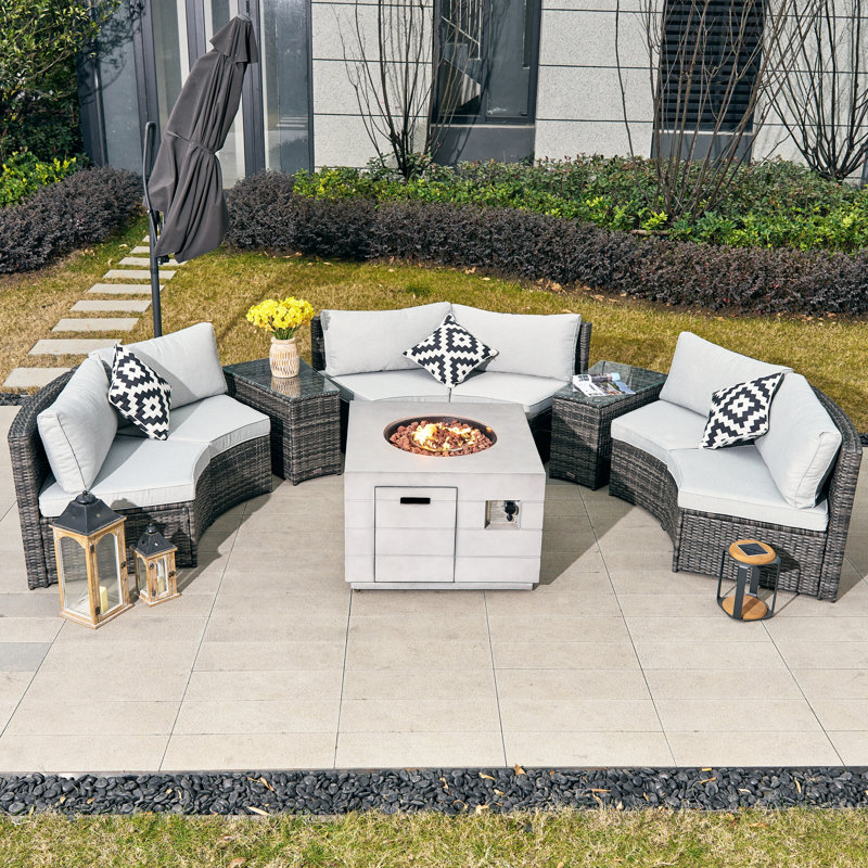 Apphi 6 - Person Outdoor Steel Wicker Fire Pit Conversation Set - Gray