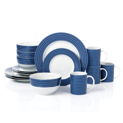 Waterside 16pc Blue Linear Porcelain Dinner Set