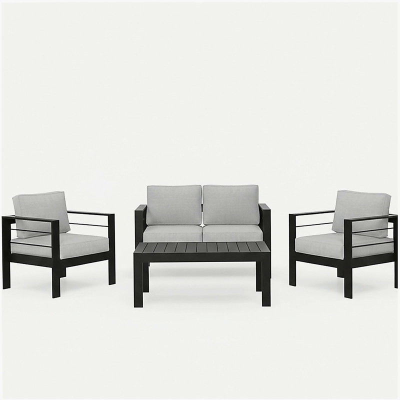 Ensemble de conversation moderne en aluminium 4 pièces pour patio, canapé 4 places avec coussins gris clair épais et structure noire et table basse