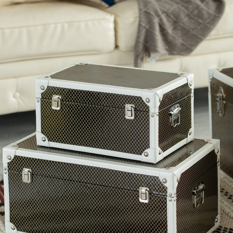 Black Faux Leather and Metal Storage Trunk Set of 3
