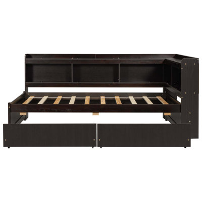 Twin Size L-Shaped Bookcases Bed With Power Outlets, USB Charging Ports,Two Drawers