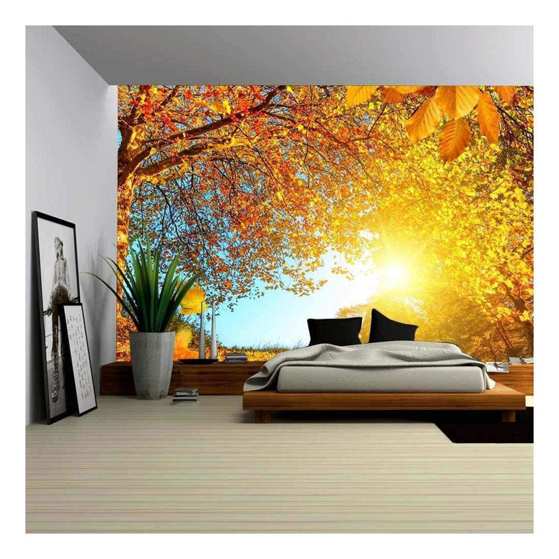 Adhésif mural or et paysage d'automne doré, L 66 po x l 96 po