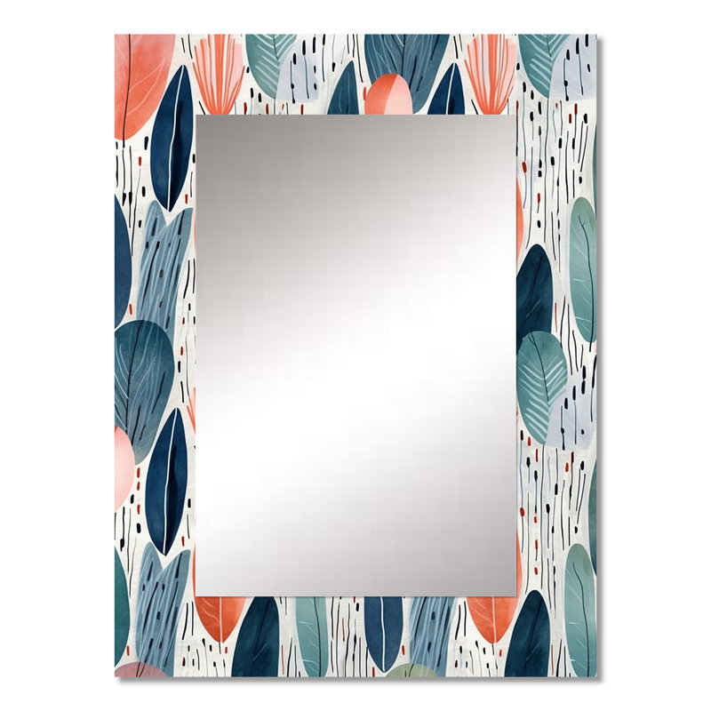 Corail bleu sarcelle scandinave fleurs II - miroir abstrait, miroir mural traditionnel unique, impression d'art en métal