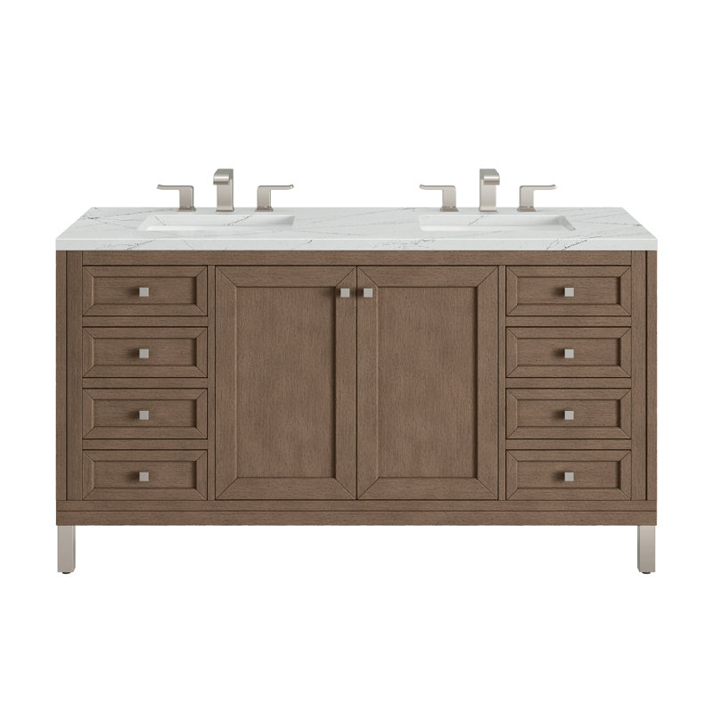 Ensemble de meuble-lavabo double 60 po Chicago, Walnut Whisper, Perle jasmin éternelle, 8 po