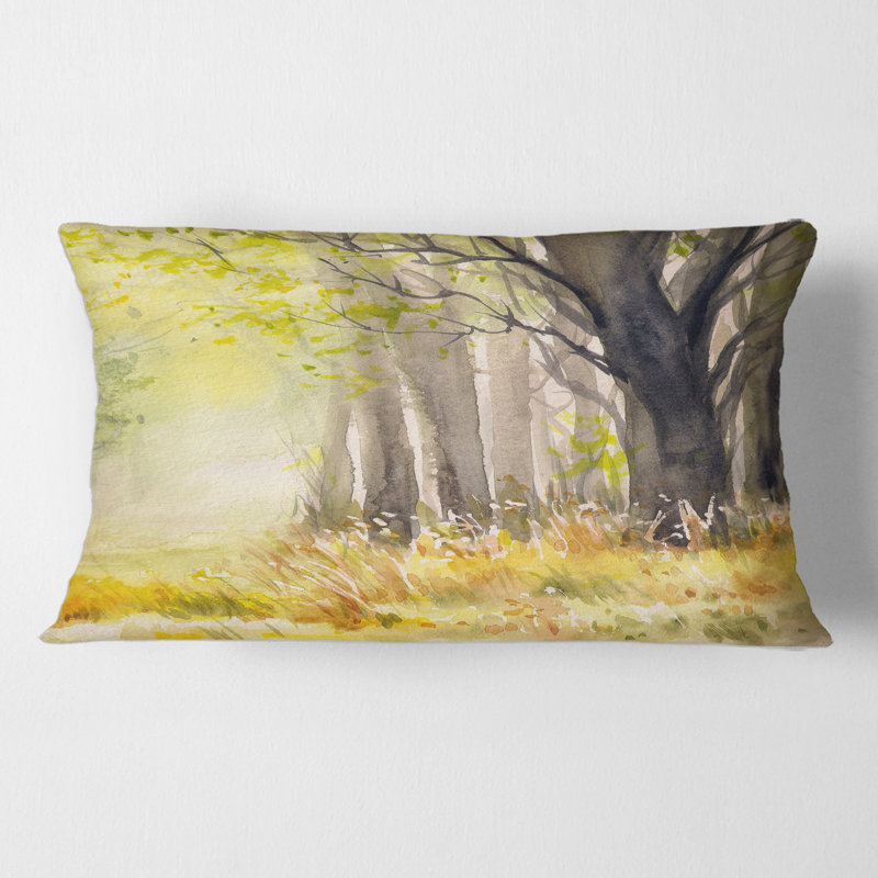Rectangle, soleil éclatant à travers les arbres de la forêt II - coussin décoratif traditionnel