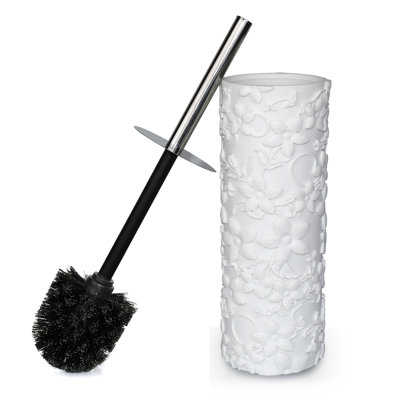 Ensemble porte-brosse et brosse de toilette en résine blanche à motif floral Indecor Home, accessoire de nettoyage élégant pour la salle de bain avec poils résistants, compact et fonctionnel.