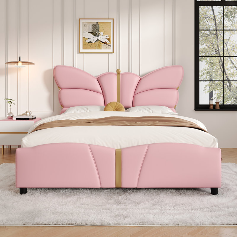 Structure de lit rembourrée en similicuir, avec tête et pied de lit en forme de papillon, Rose clair, Grand