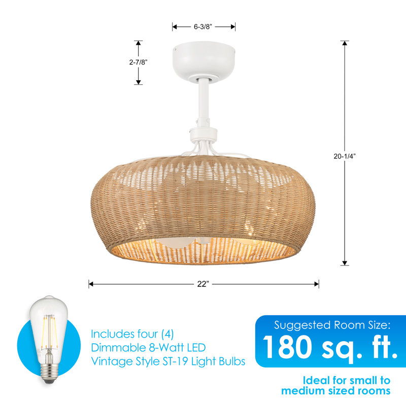 Ayane 22'' Ceiling Fan with Natural Rattan Shade and Light Kit Included, Natural, Matte White