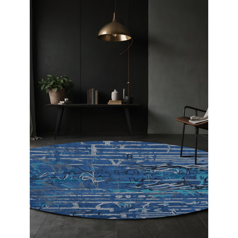 Machine Washable Blue Area Rug, Round 7'