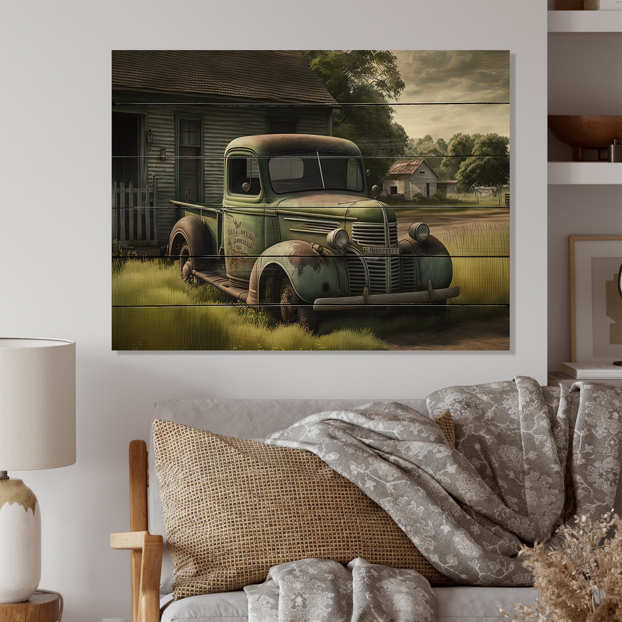 https://assets.wfcdn.com/im/30601390/compr-r85/2575/257561075/green-old-truck-at-the-barn-on-wood-print.jpg