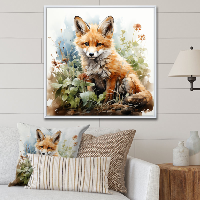 Minimalisme, renard, portrait, fleurs, art mural, Cadre flottant blanc, H 36 po x l 36 po x P 1,5 po