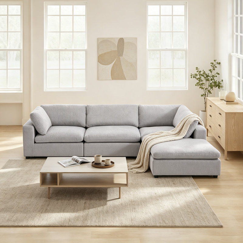 Nuccio 4-Piece Minimalist Modern Soft-Upholstered Sectional With Ottoman, Light Gray Chenille