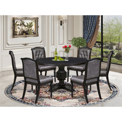 Cet ensemble de salle à manger 7 pièces Mid Century comprend une table de cuisine ronde et 6 chaises en polyester gris foncé à haut dossier avec une finition noire sablée.