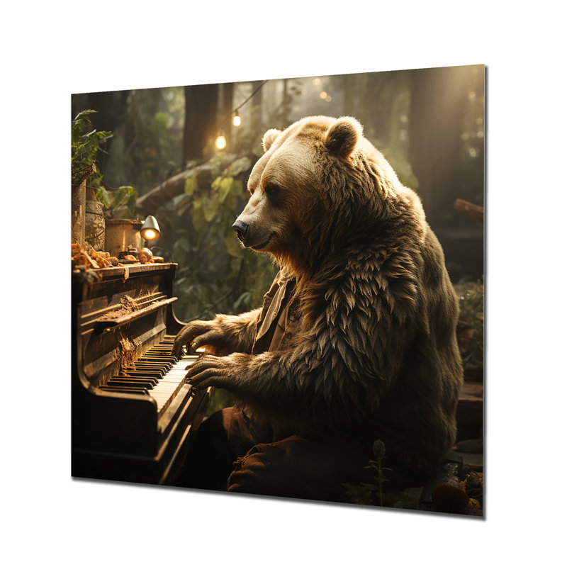 Forêt, ours jouant du piano - art mural en métal 2, H 16 po x l 16 po