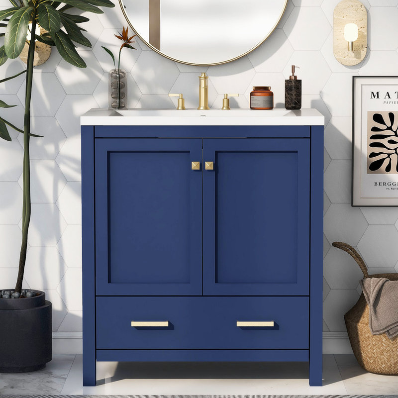 Meuble-lavabo de salle de bain avec lavabo simple encastré, Bleu