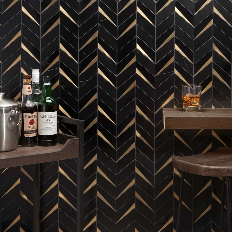 Vara Polished Marble And Brass Mosaic, Nero