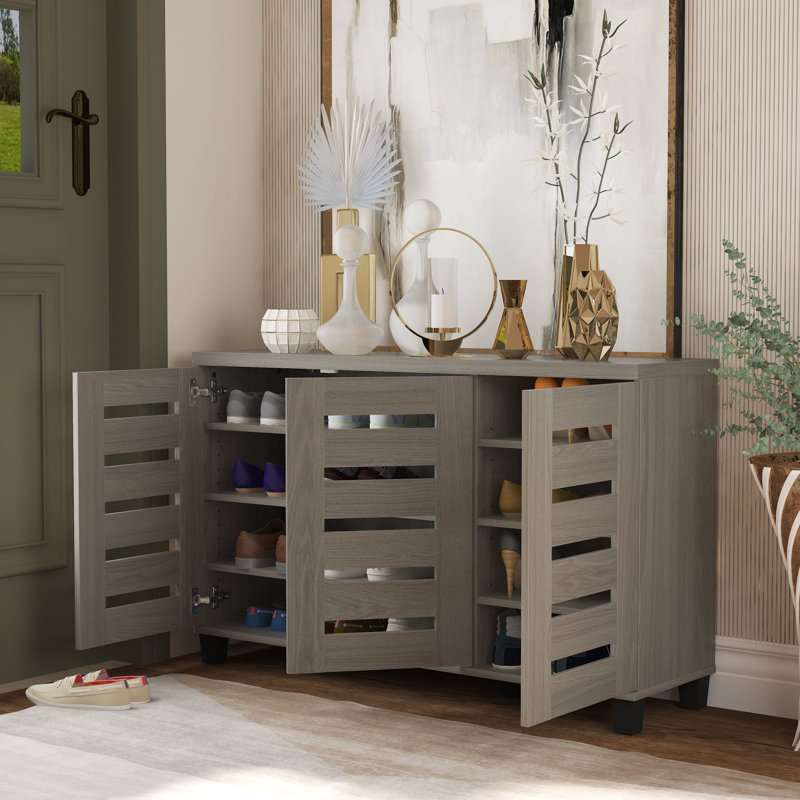 Millan 16 Pair Shoe Storage Cabinet, Warm Gray Oak