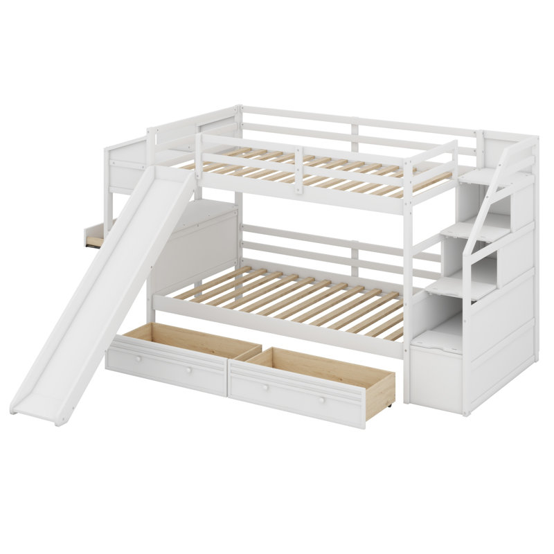 Bunk Bed With Storage Staircase, Slide,Drawers, Desk With Drawers And Shelves, White