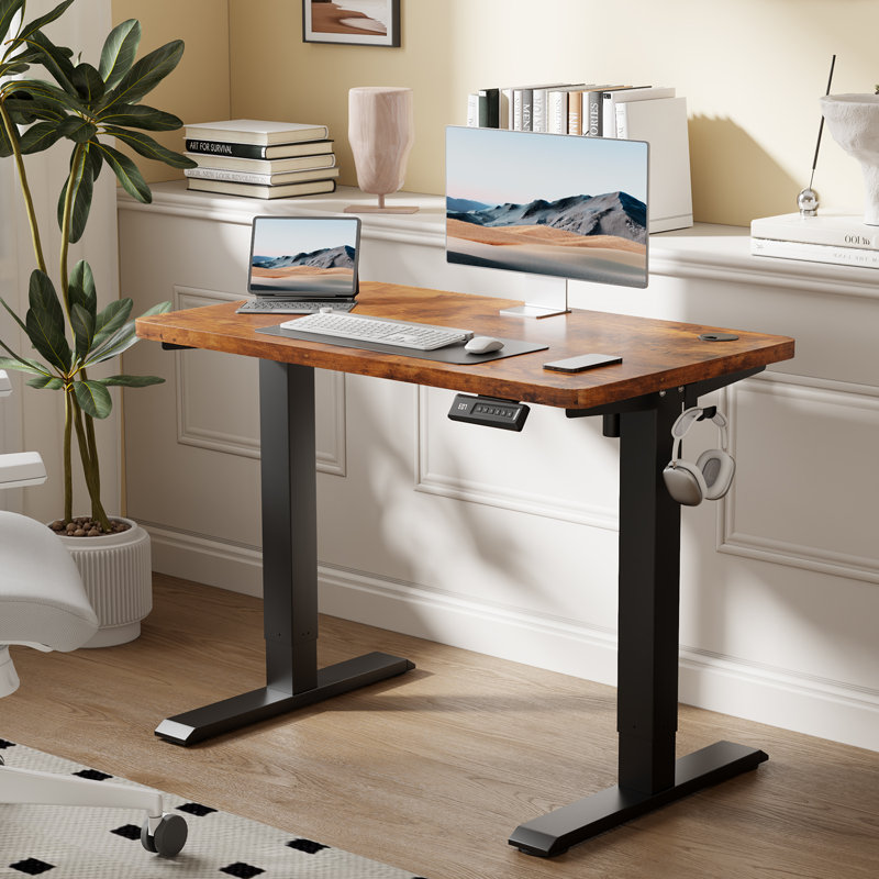 Guimauve Height Adjustable Electric Standing Computer Desk With Non-Spliced Desk Top Home Office Desk, Black, Black