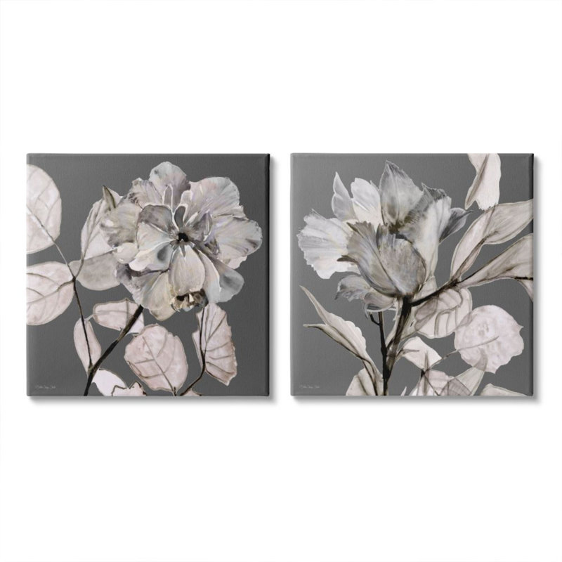 Gros plan floral gris avec fleurs neutres - ensemble de 2 reproductions d'art, H 17 po x l 17 po x P 1,5 po, Toile tendue