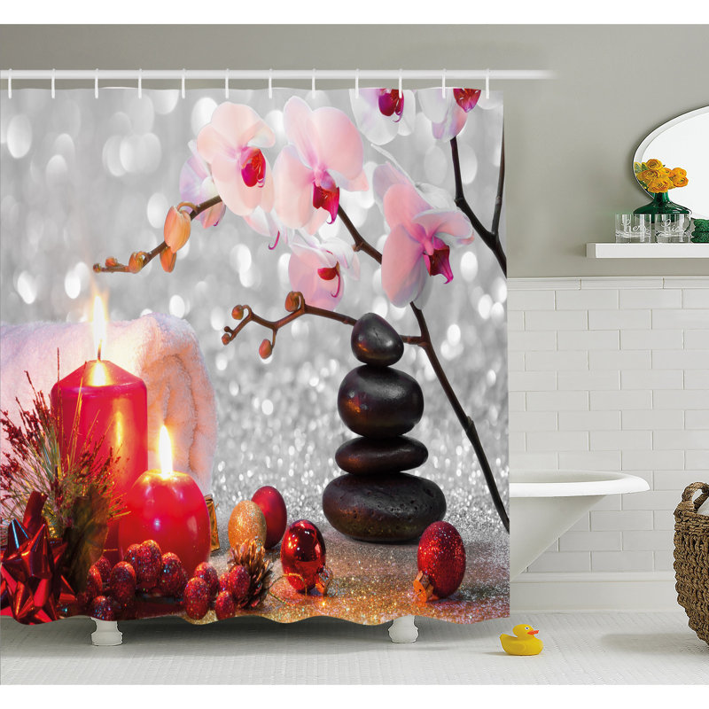 Christmas Spa Shower Curtain with Pink Orchid and Red Candles