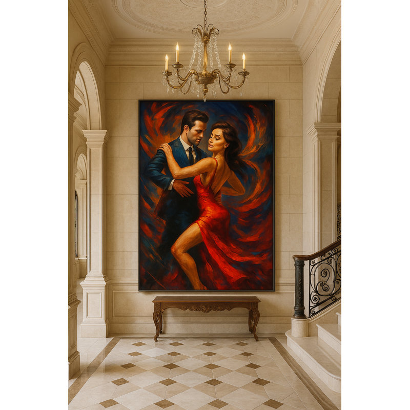 Inferno in Motion - Red Elegance Dance Portrait (Ltd. Edition) Framed Canvas Wall Art by Kasian Art Studio - Brown Frame