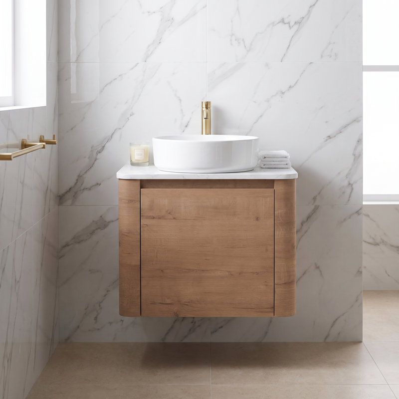 Meuble-lavabo mural 24 po avec vasque en céramique blanche imitation chêne