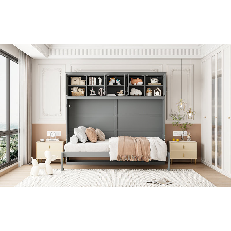 Grand lit escamotable mural avec armoires supérieures, Gris