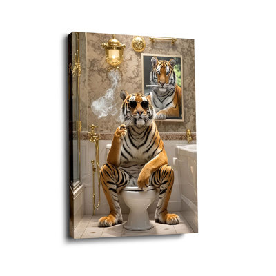 Playful “Sunglasses-Wearing Tiger in Opulent Bathroom” Luxury Tiger Canvas Wall Art Stretched Frame for Eclectic Studio