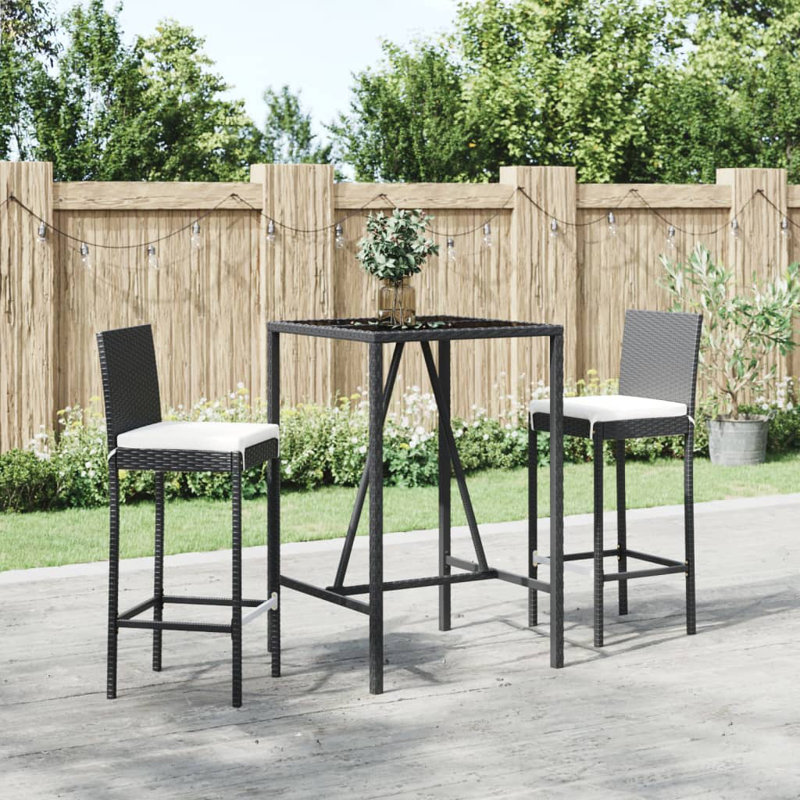 Patio Bar Set Outdoor Table and Chair Set with Cushions Poly Rattan, 27.6" table length, Black, 2