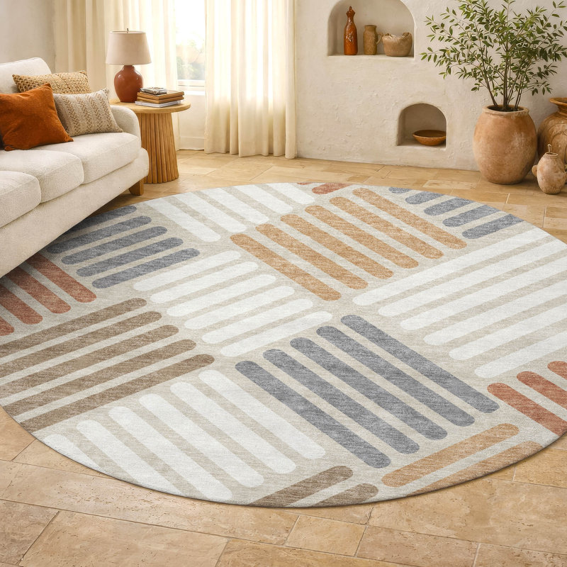 Premium Machine Washable Mayfield AMF2339 Geometric Rug, 8' Round, Copper