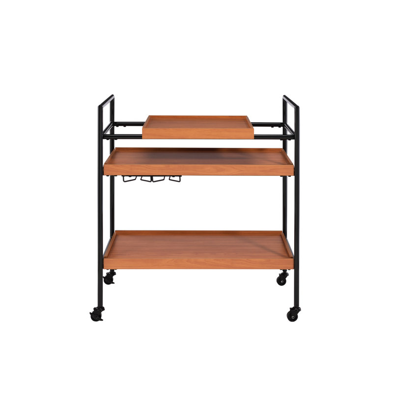 Chariot de service en chêne miel et noir avec rangement, pièces en bois réglables, 3 compartiments pour boissons et ustensiles, mouvement à 4 roues, base en métal, salle à manger