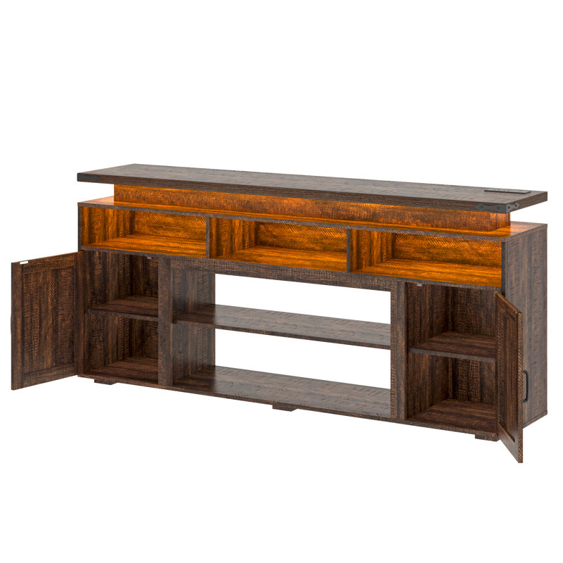 Farmhouse Tv Stand With Sliding Barn Doors & LED Lights,  32" Tall Entertainment Center With Power Outlet For 80 Inch Tv, Rustic Media Console For Living Room