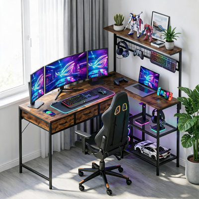 Bureau en L avec prises de courant et DEL, table d'ordinateur de coin à 3 niveaux avec rangement, brun