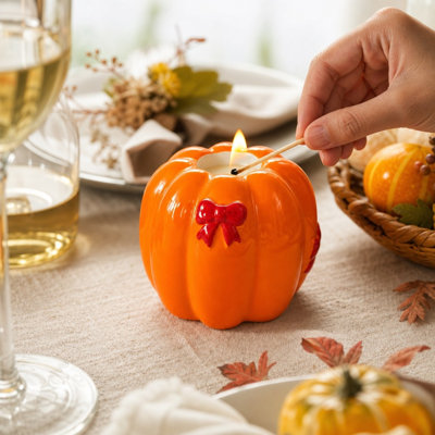 Bougeoirs décoratifs en céramique en forme de citrouille avec nœud papillon, bougeoirs orange pour bougies chauffe-plat et votives, centre de table citrouille, décoration de bougies d'automne