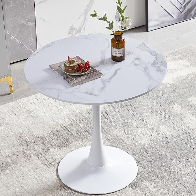 Table de salle à manger Mid-Century, H 29,5 po x L 39,5 po x l 39,5 po, Marbre blanc