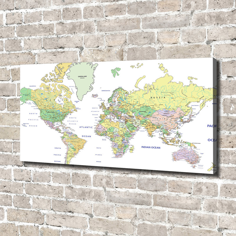 World Map - Wrapped Canvas Print, Yellow, 70cm H x 140cm W x 2cm D, Wrapped Canvas