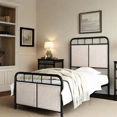 Twin Size, Metal Platform Bed, Linen Upholstery, Fabric Head Board, Foot Strong And Structure, Noise - Operation, Quick Simple Assembly, No Box Spring Required, 250 Lbs Capacity Bed Frame,