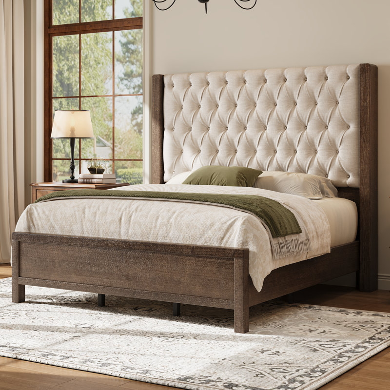 Tufted Upholstered Platform Bed with Wood Frame and Tall Headboard,Brown, Brown, Queen