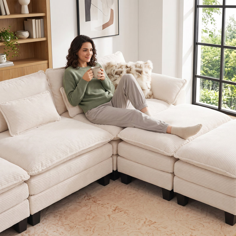Canapé modulaire en forme de U de 120 po de large avec siège profond, blanc, White Corduroy