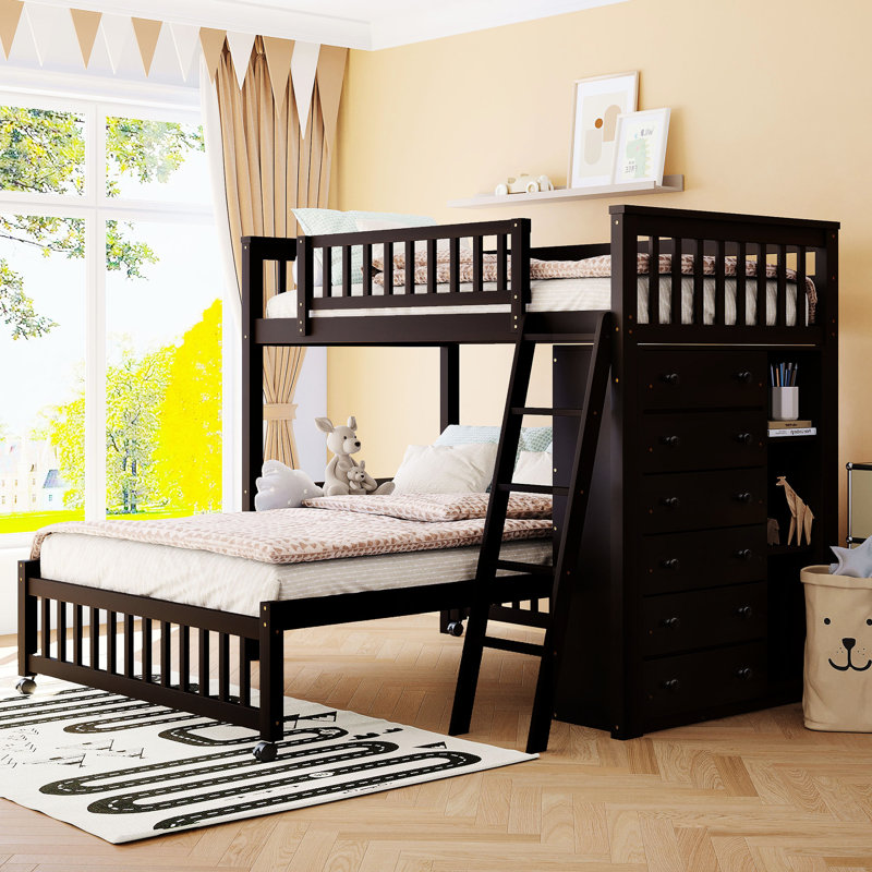 Twin Over Full Wooden Bunk Bed With 6 Drawer Choices, Adjustable Shelf Layouts & Mobile Wheels, -Coloured Architecture Sections