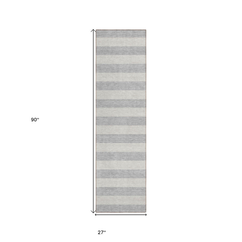 8' Runner Gray and Ivory Striped Washable Non Skid Indoor Outdoor Runner Rug